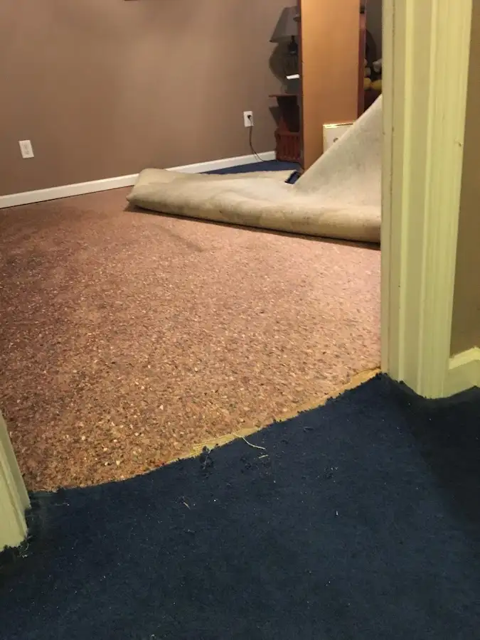 Carpet pad removal revealing water damage during Water Mitigation Services in Lewiston
